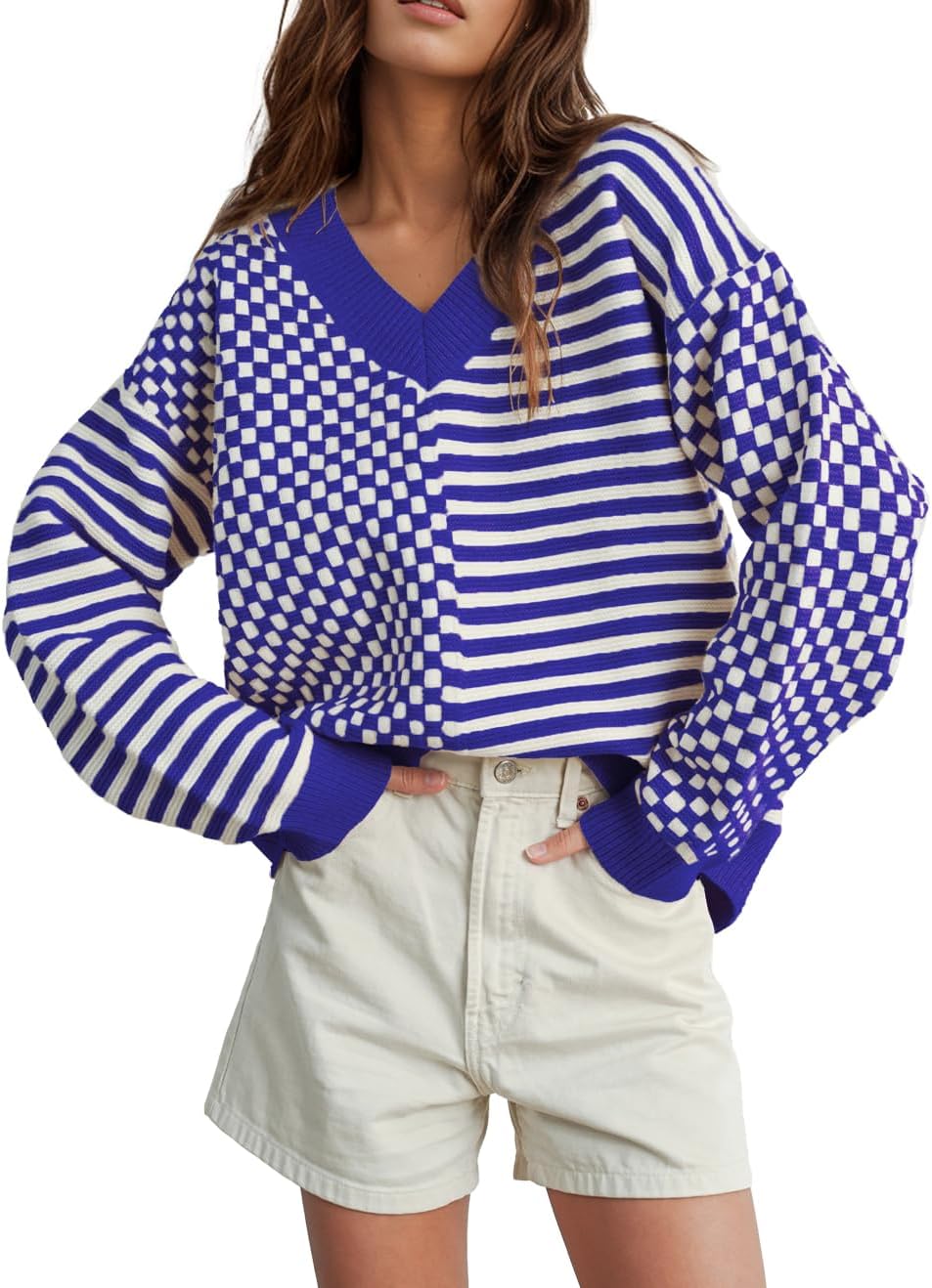 UNCLECAT Women's Striped Checkered Sweater for Trendy Style