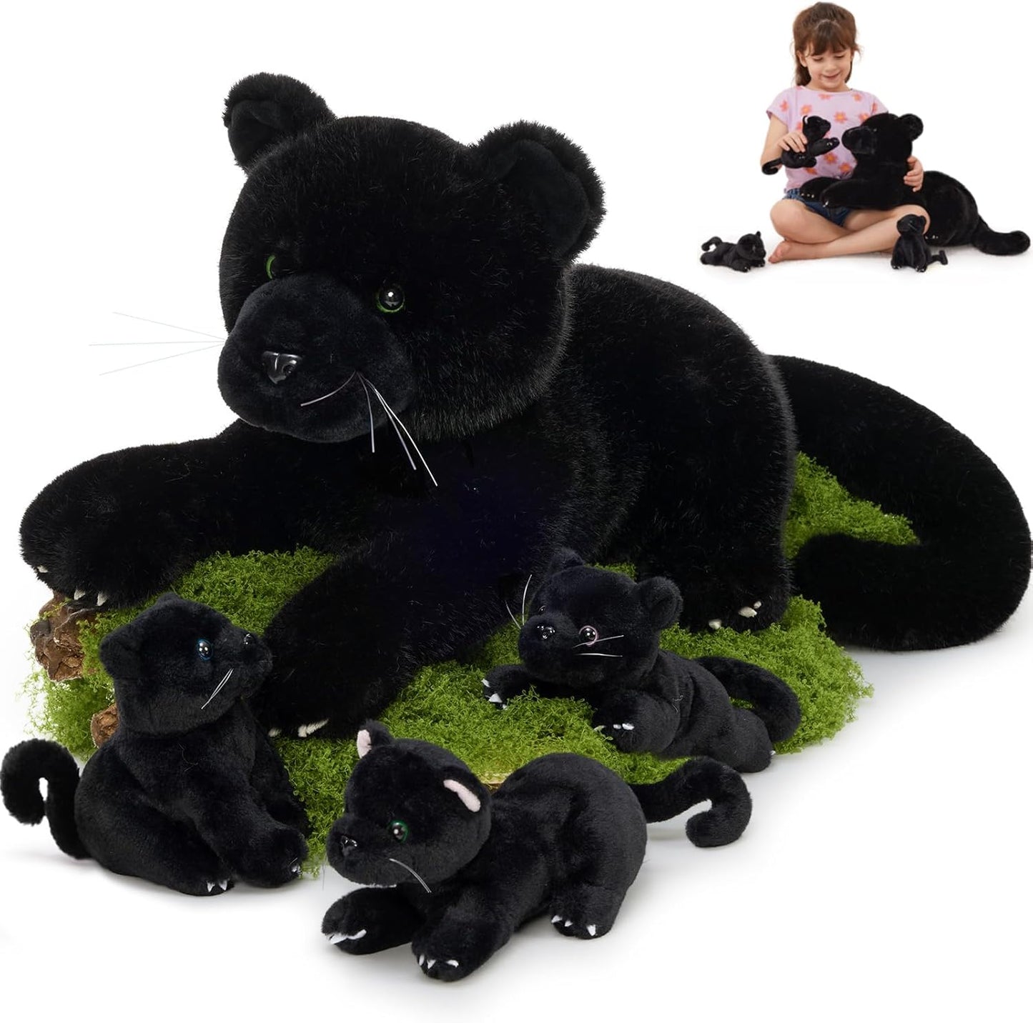 MorisMos Black Plush Panther Family with 4 Cute Baby Toys