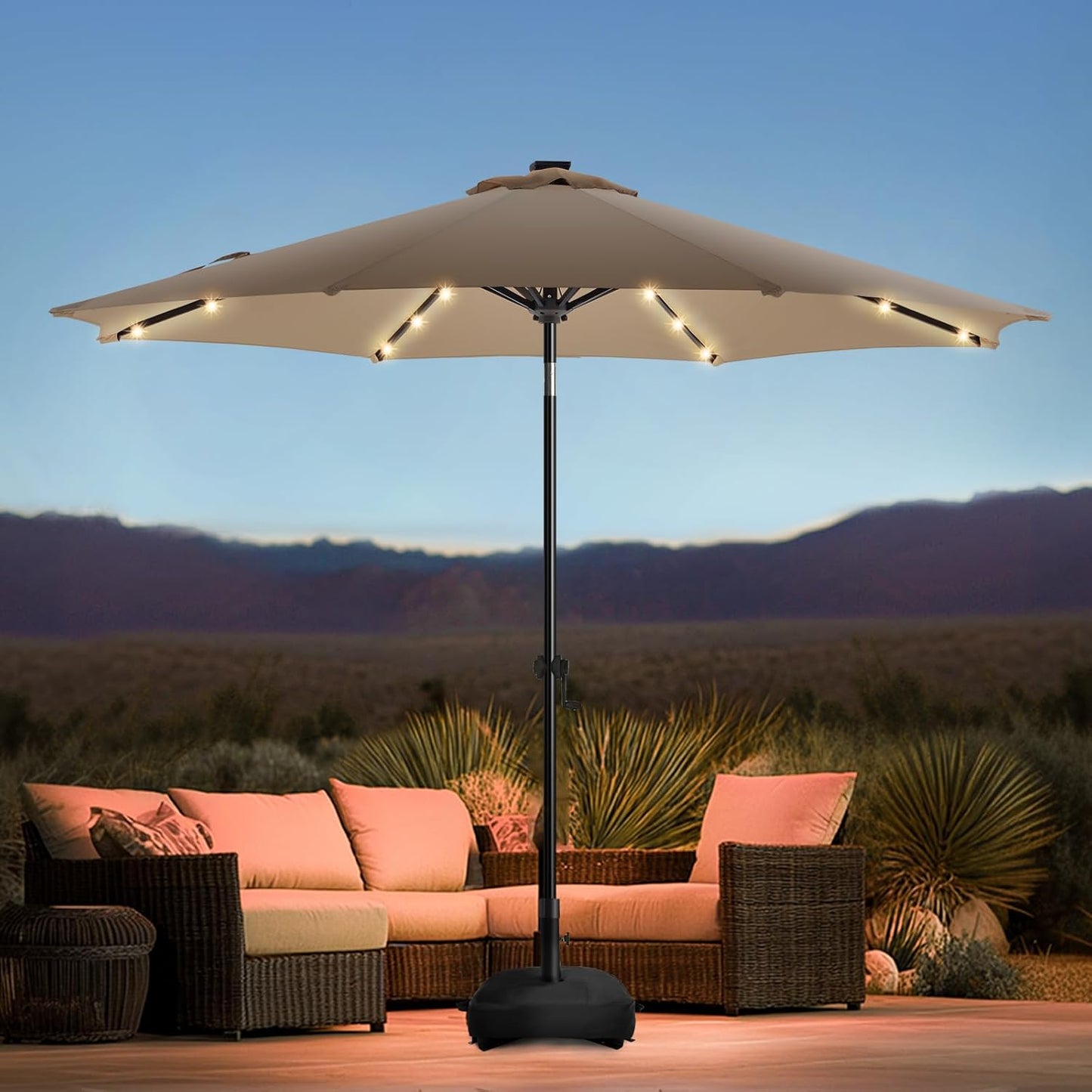 9FT Solar Led Patio Umbrella with Base for Outdoor Relaxation