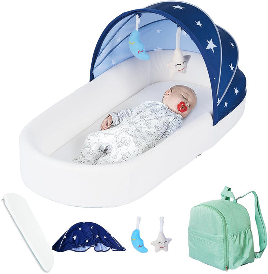 Portable Newborn Nest - Travel Bassinet with Canopy & Mosquito Net - Lightweight & Foldable - Blue