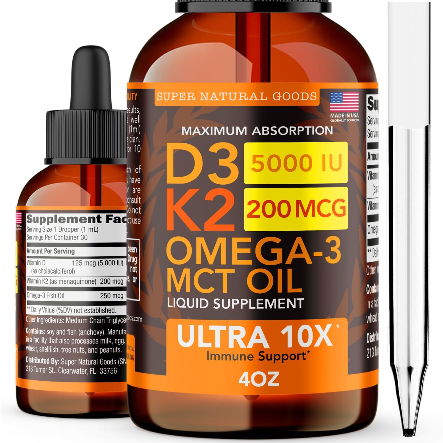 Vitamin D3 K2 Liquid Drops 5000 IU for Bone and Heart Health