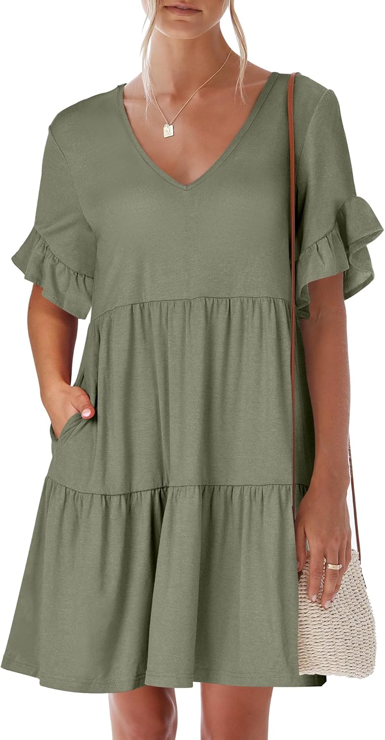 ANRABESS Summer Mini Dress with Ruffle Sleeves and Pockets