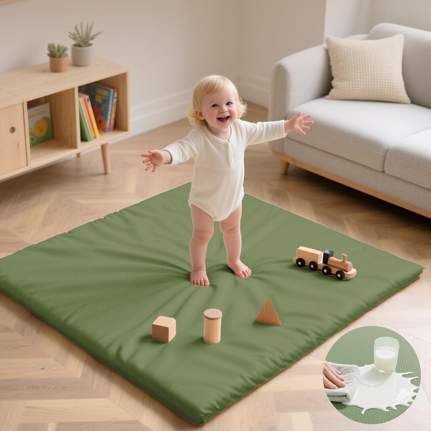 Baby Play Mat 50x50 Inches with Vegan Leather for Safe Play
