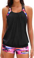 Yonique Two Piece Tankini T-Back Blouson Top with Boy Shorts - Modest
