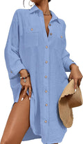 Womens Linen-Texture Beach Cover Up Shirt Dress - Short Front, Long