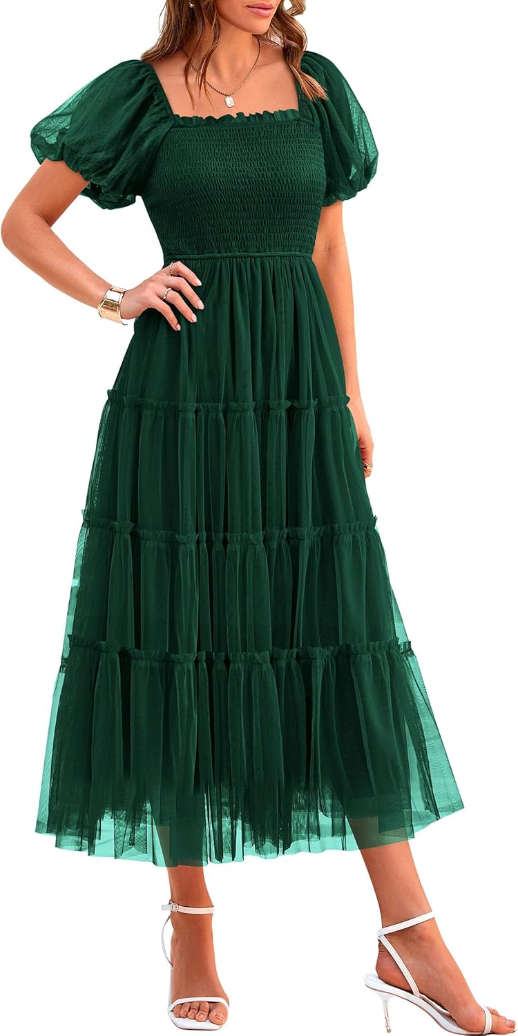 PRETTYGARDEN Women's Smocked Midi Tulle Dress for Summer Fun
