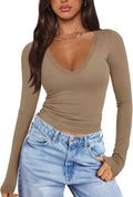 Women V Neck Lace Long Sleeve Shirt - Fitted Double Lined Top
