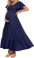 Swiss Dot Smocked Maternity Maxi Dress - Flowy Boho Tiered Design