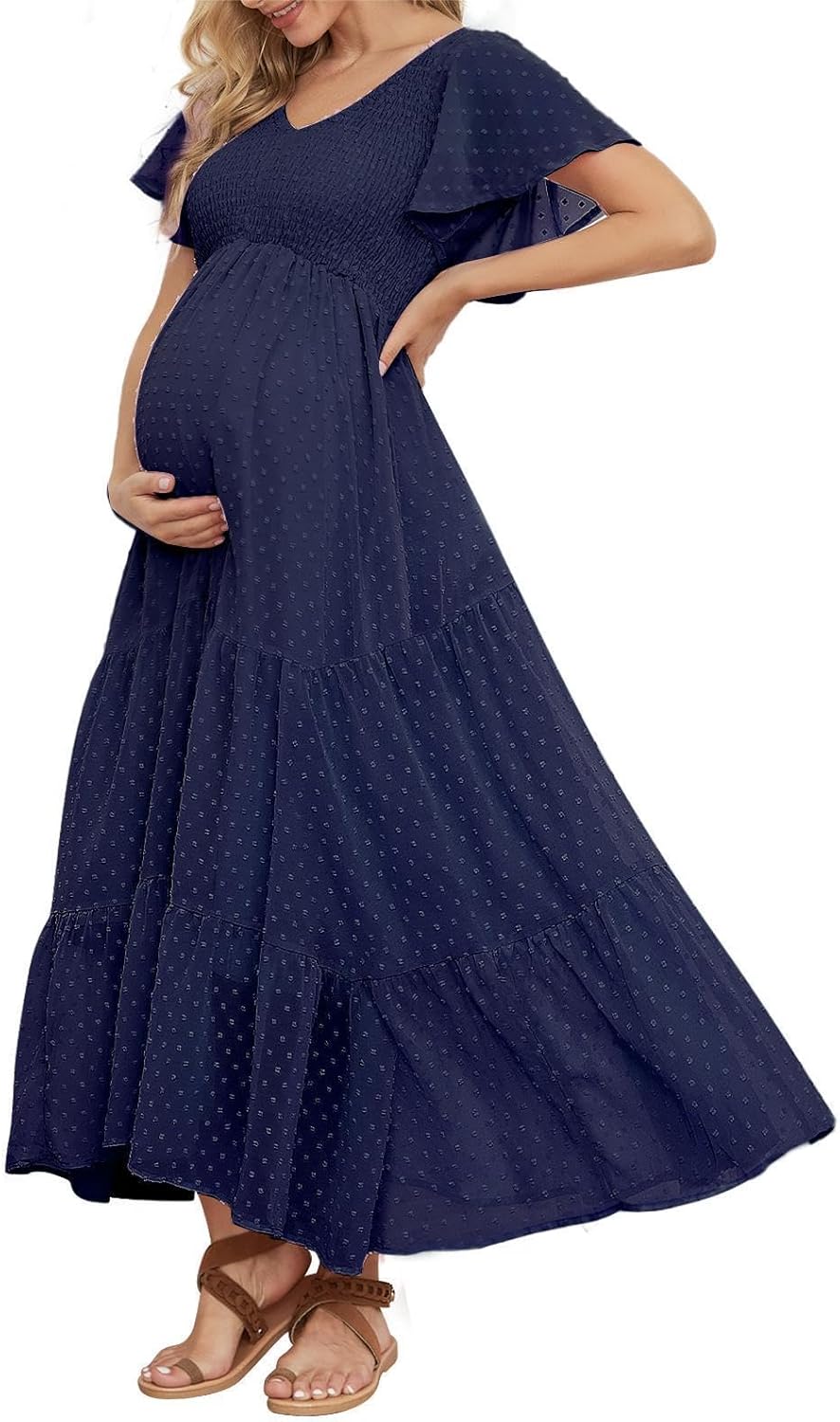 Elegant Swiss Dot Smocked Maternity Dress for Baby Showers