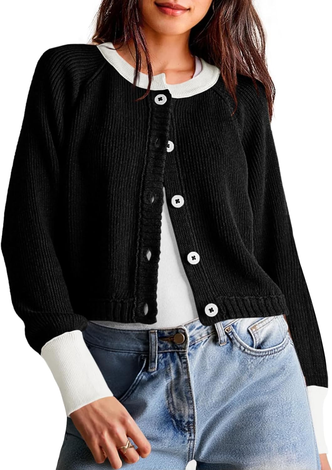 Cropped Cardigan Sweaters for Women - Trendy Color Block Knit Coats