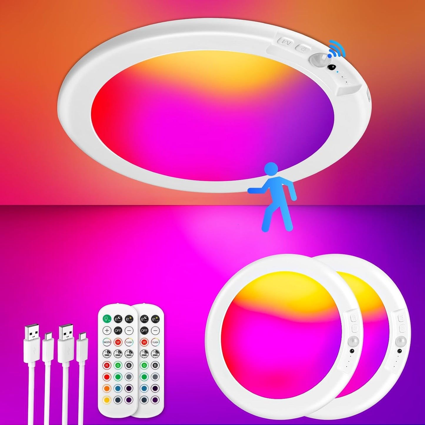 Rechargeable Motion Sensor Ceiling Light with RGB Colors and Remote