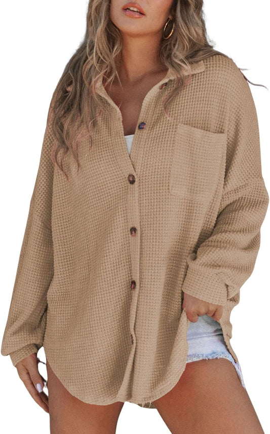SHEWIN Women's Waffle Knit Button Down Shacket for Spring Style
