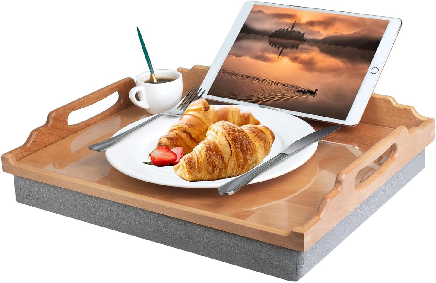 Lap Desk with Cushion for Eating, Wooden Bed Tray Table