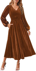 Velvet Midi Dress V Neck Long Sleeve - Flowy High Waist Midi