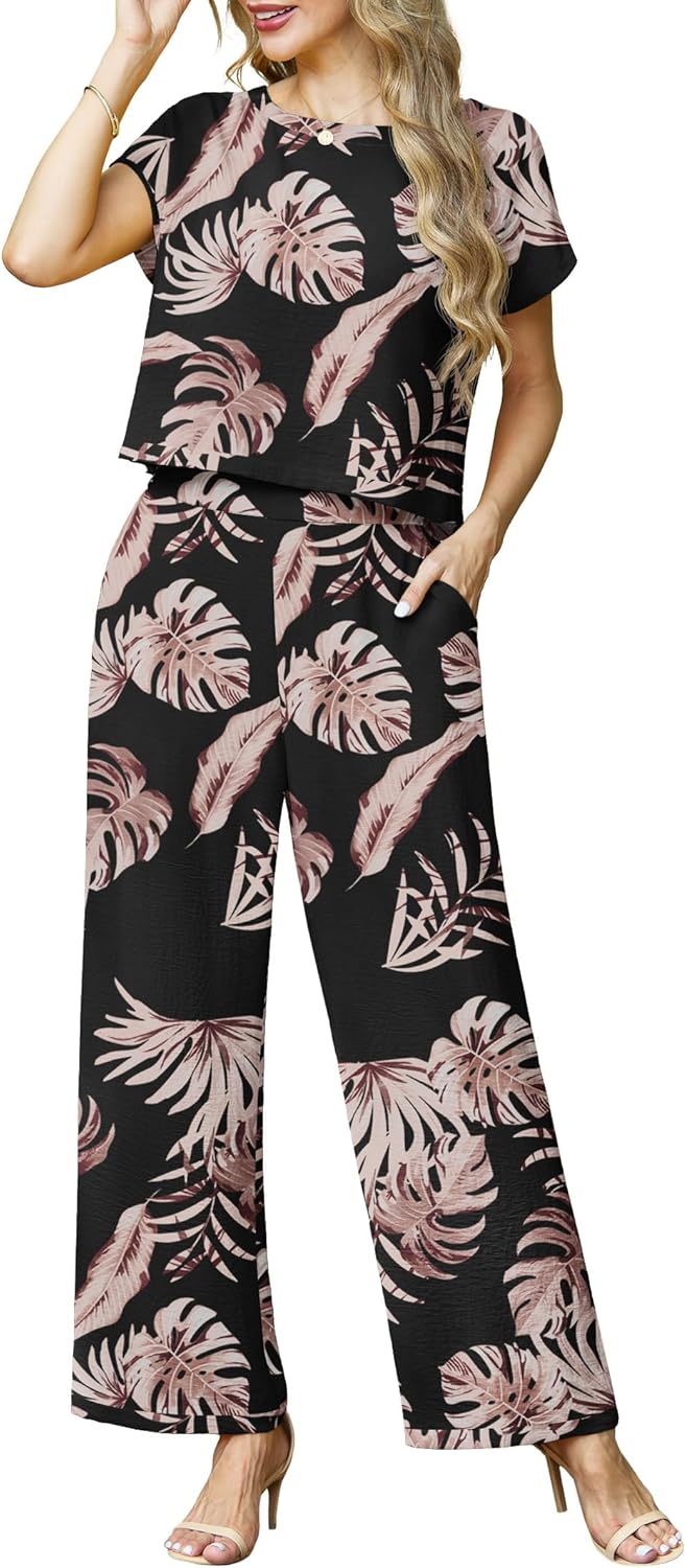 Lepunuo 2 Piece Sets for Women Summer Cap Sleeve Crop Top