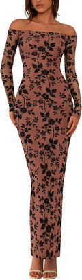 Off The Shoulder Floral Maxi Bodycon Dress - Elegant Fall Look
