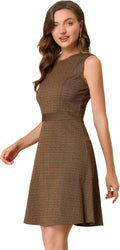 Houndstooth Plaid Sleeveless Fit and Flare Dress - Office to Evening