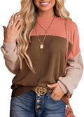 Color Block Long Sleeve Knitted Pullover Top - Casual Lightweight