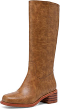 Women's Knee High Boots Dark Brown Yellow - Chunky Low Heel