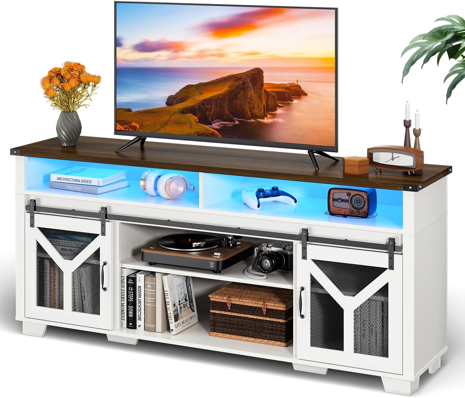Rustic Farmhouse TV Stand for 75 TVs, Barn Door Entertainment Center - White