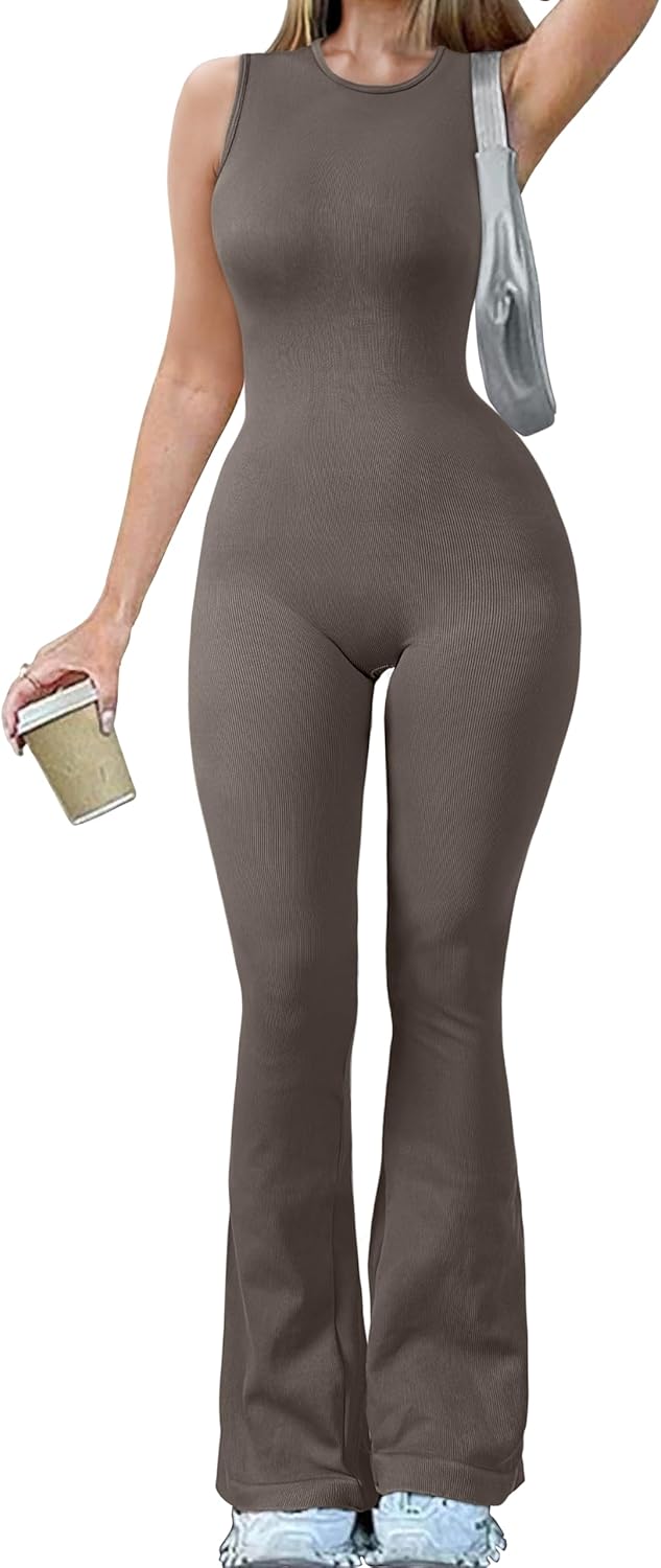 OQQ Ribbed Bell Bottom Yoga Jumpsuit