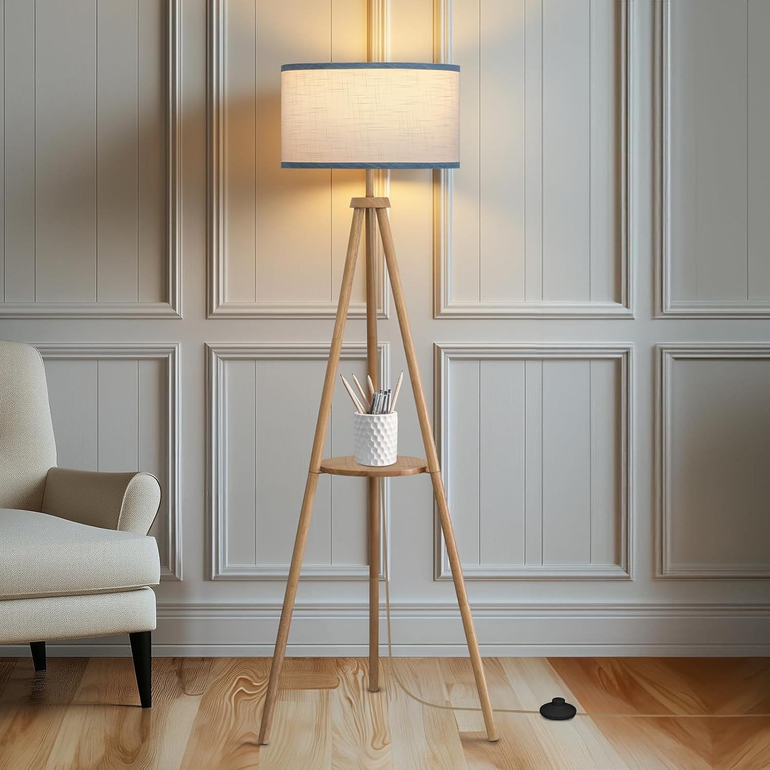 Modern Adjustable Wood Tripod Floor Lamp with 3 Light Modes