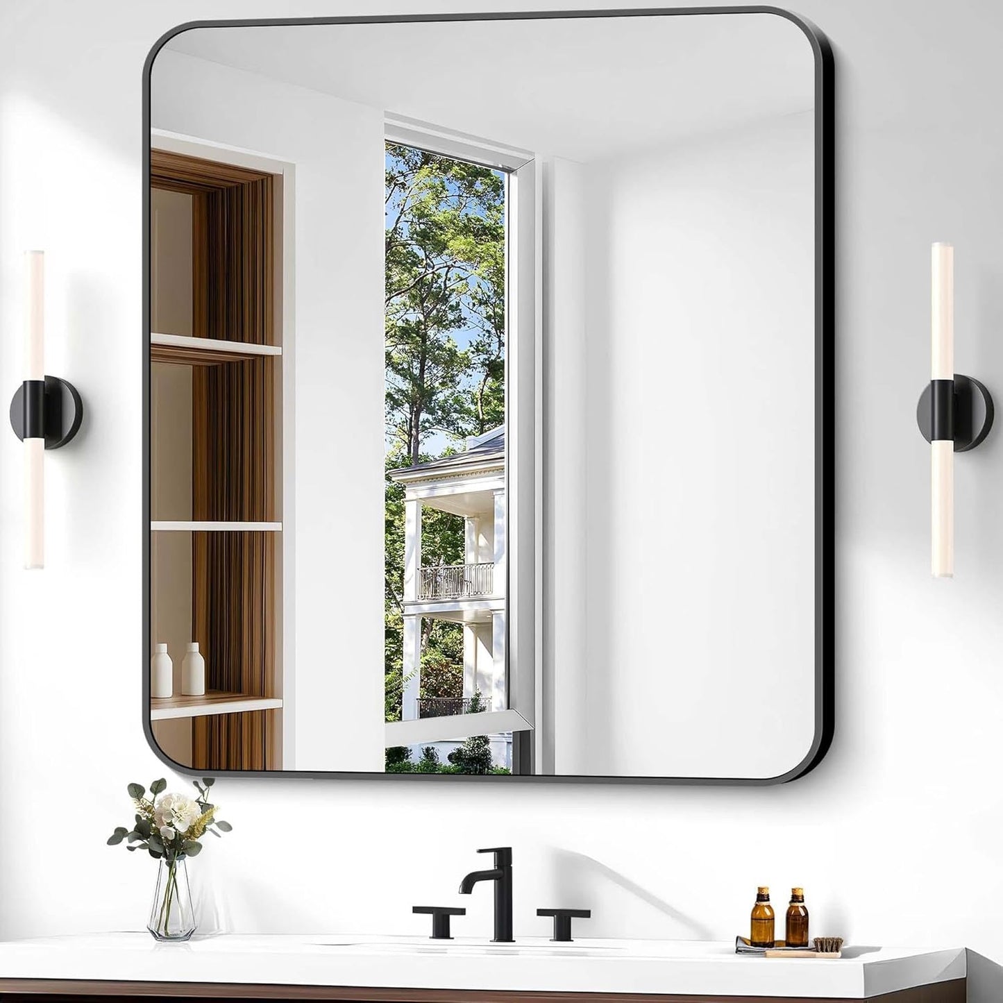 Modern Black Bathroom Mirror 40 x 36 inch Rectangular Design