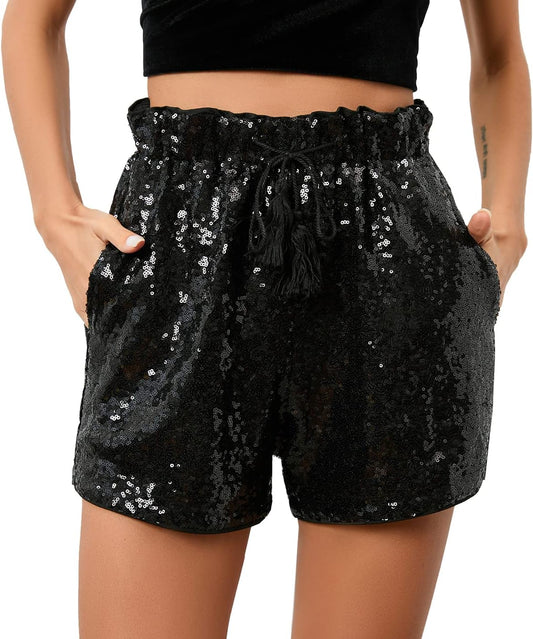 Women's Summer Sequins Shorts High Waist Casual Loose A Line