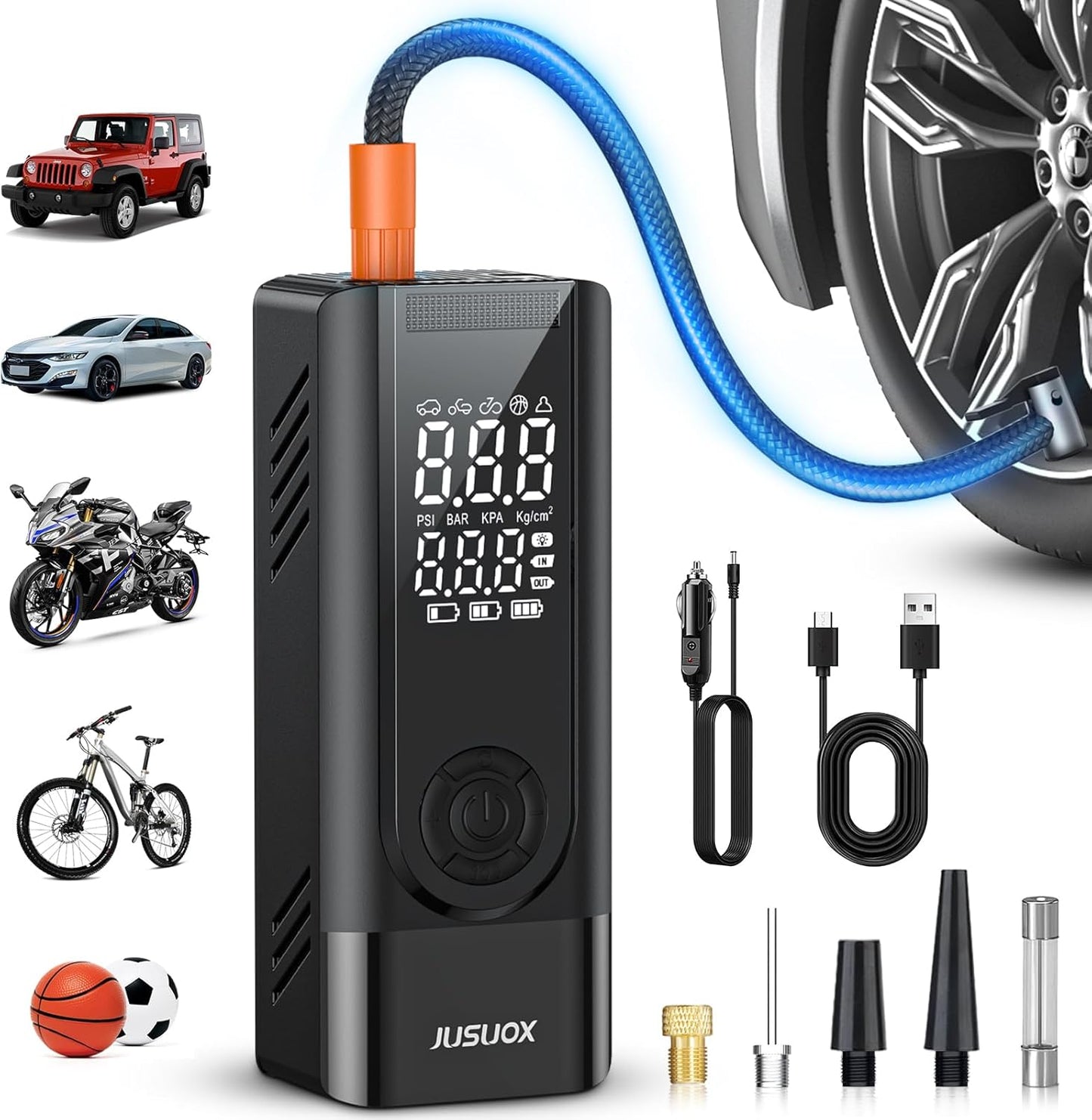 JUSUOX Portable Tire Inflator - 150PSI Power Duo with Digital Gauge & LED Light
