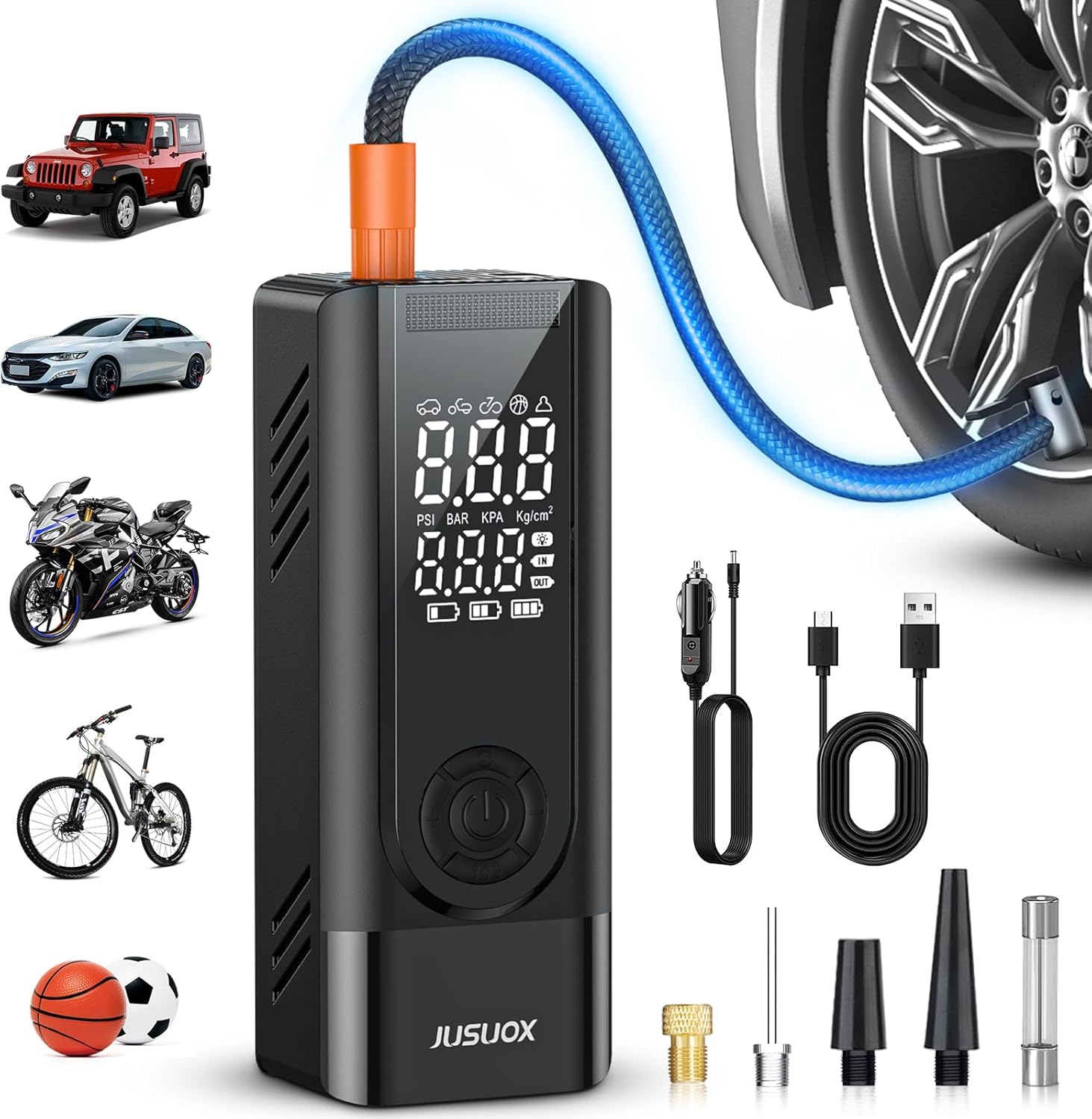 JUSUOX Portable Tire Inflator - 150PSI Power Duo with Digital Gauge & LED Light