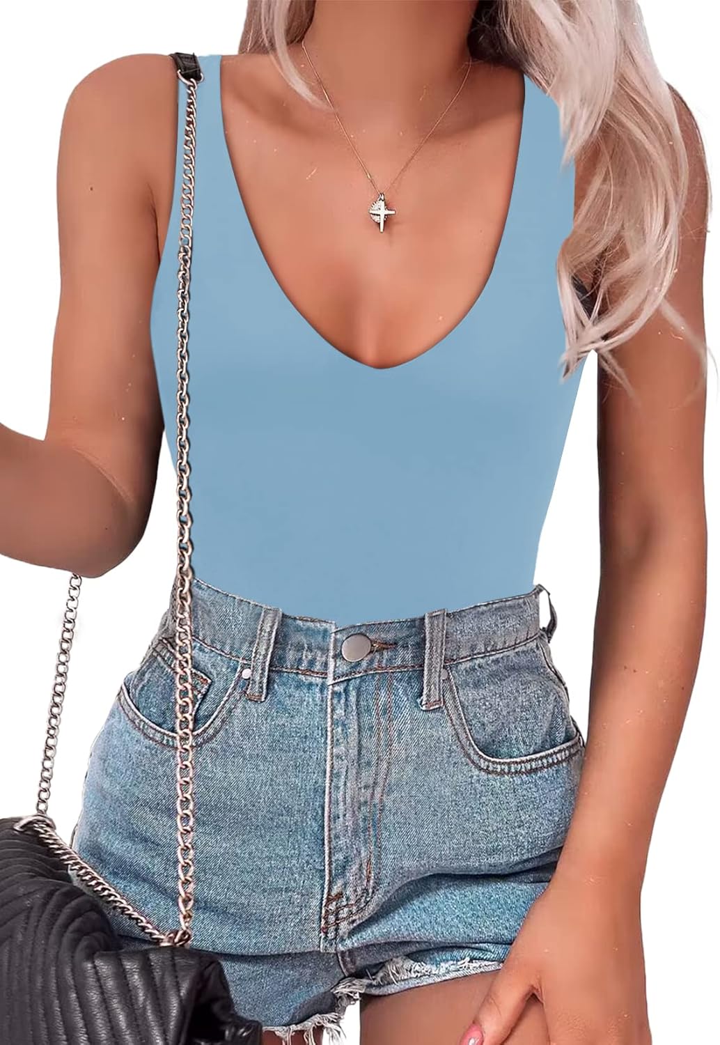 SAUNGKUAI Womens Bodysuit with Plunge Deep V Neck Design