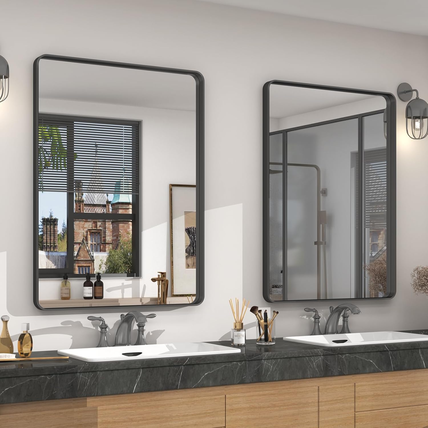 Black Metal Framed Bathroom Mirror Set for Elegant Decor