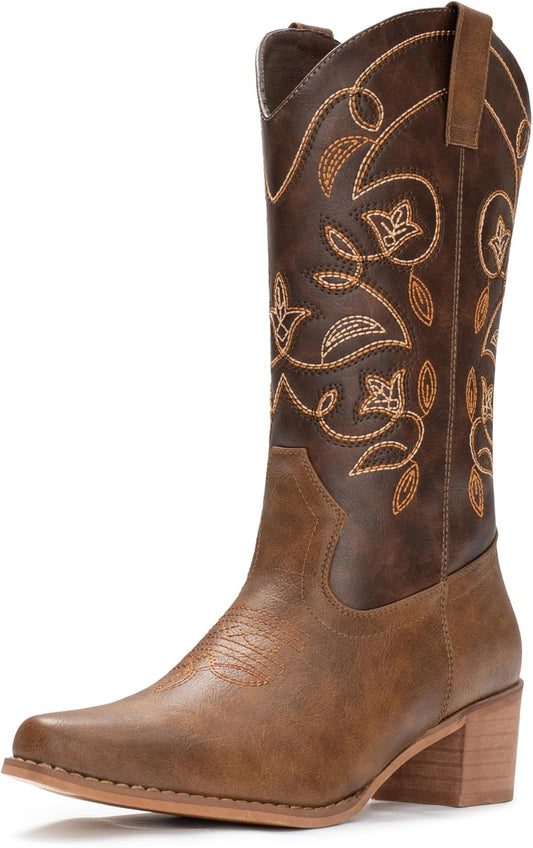 IUV Cowboy Boots For Women Pointy Toe Mid Calf Western Style