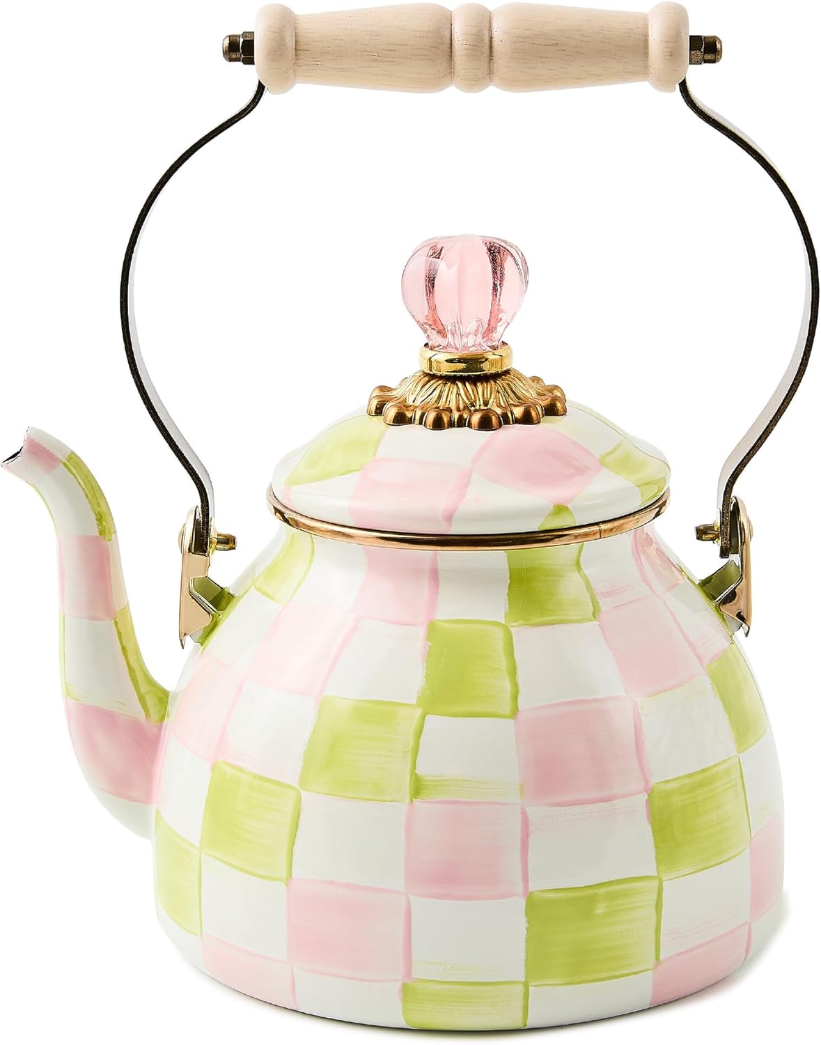 Unique Stovetop Tea Kettle in Pastel Pink-and-Green Check