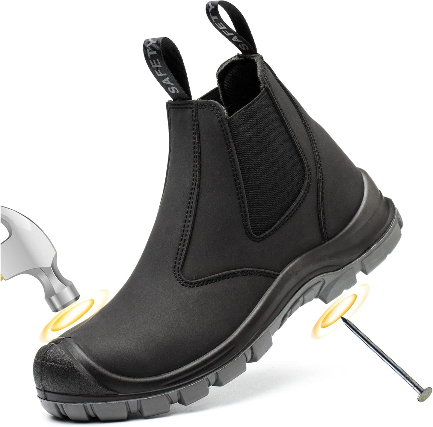 Steel Toe Work Boots for Men - Comfortable Slip-on Chelsea Style