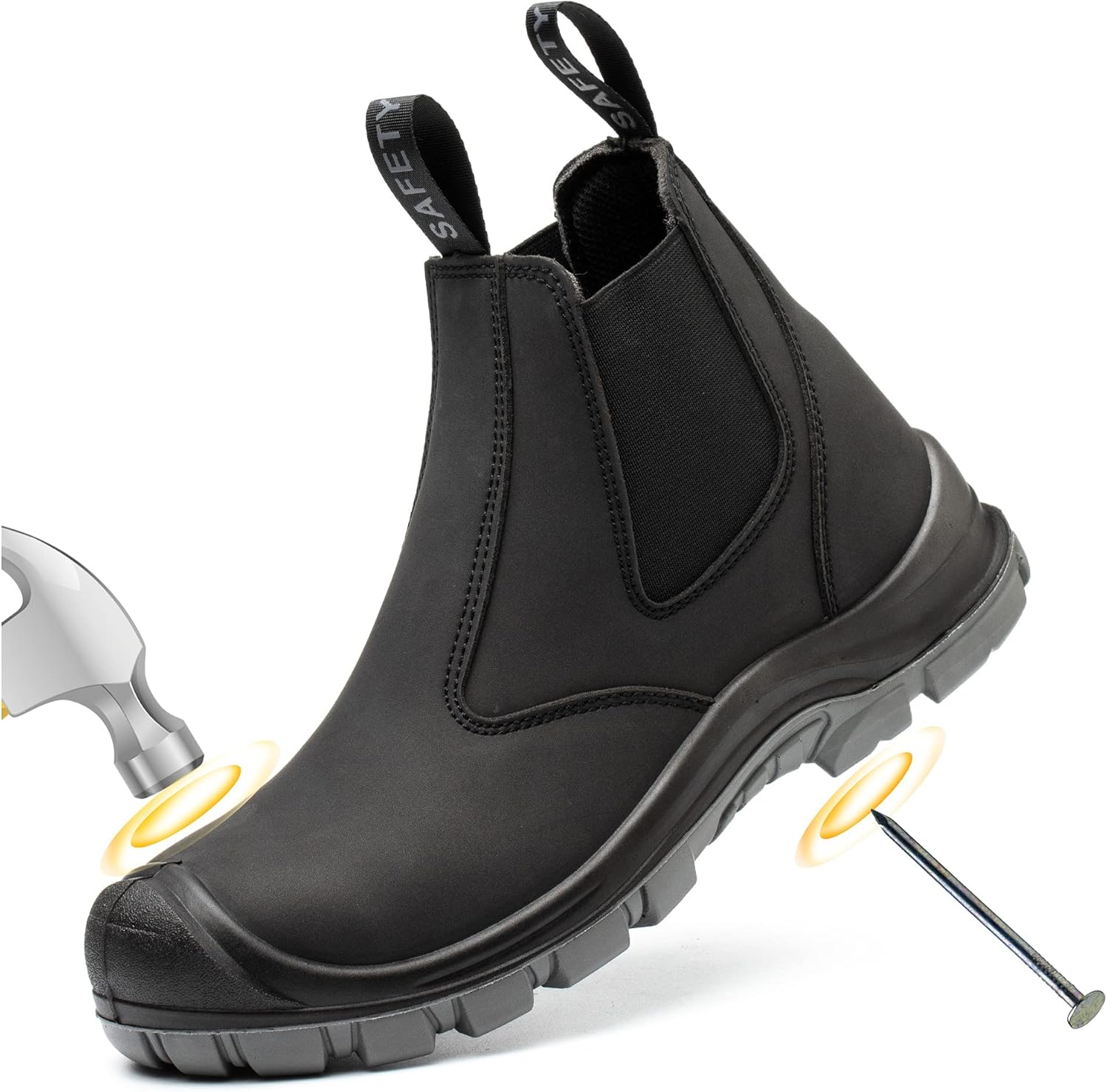 Steel Toe Work Boots for Men - Comfortable Slip-on Chelsea Boot