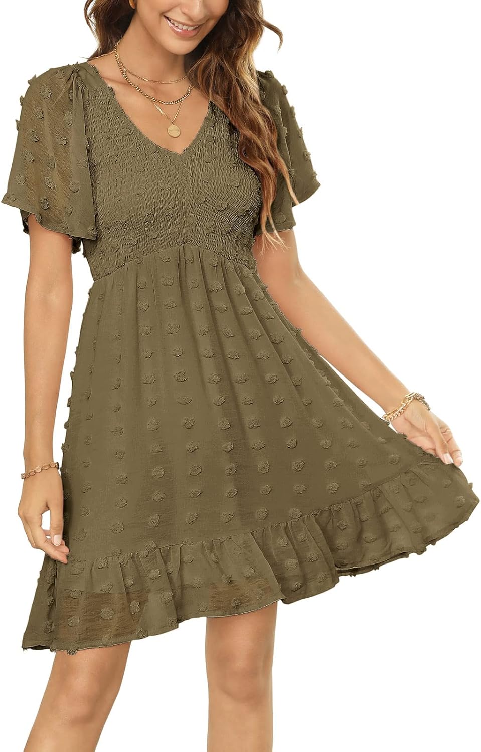 Zattcas Womens Summer Smocked Dress with Flutter Sleeves