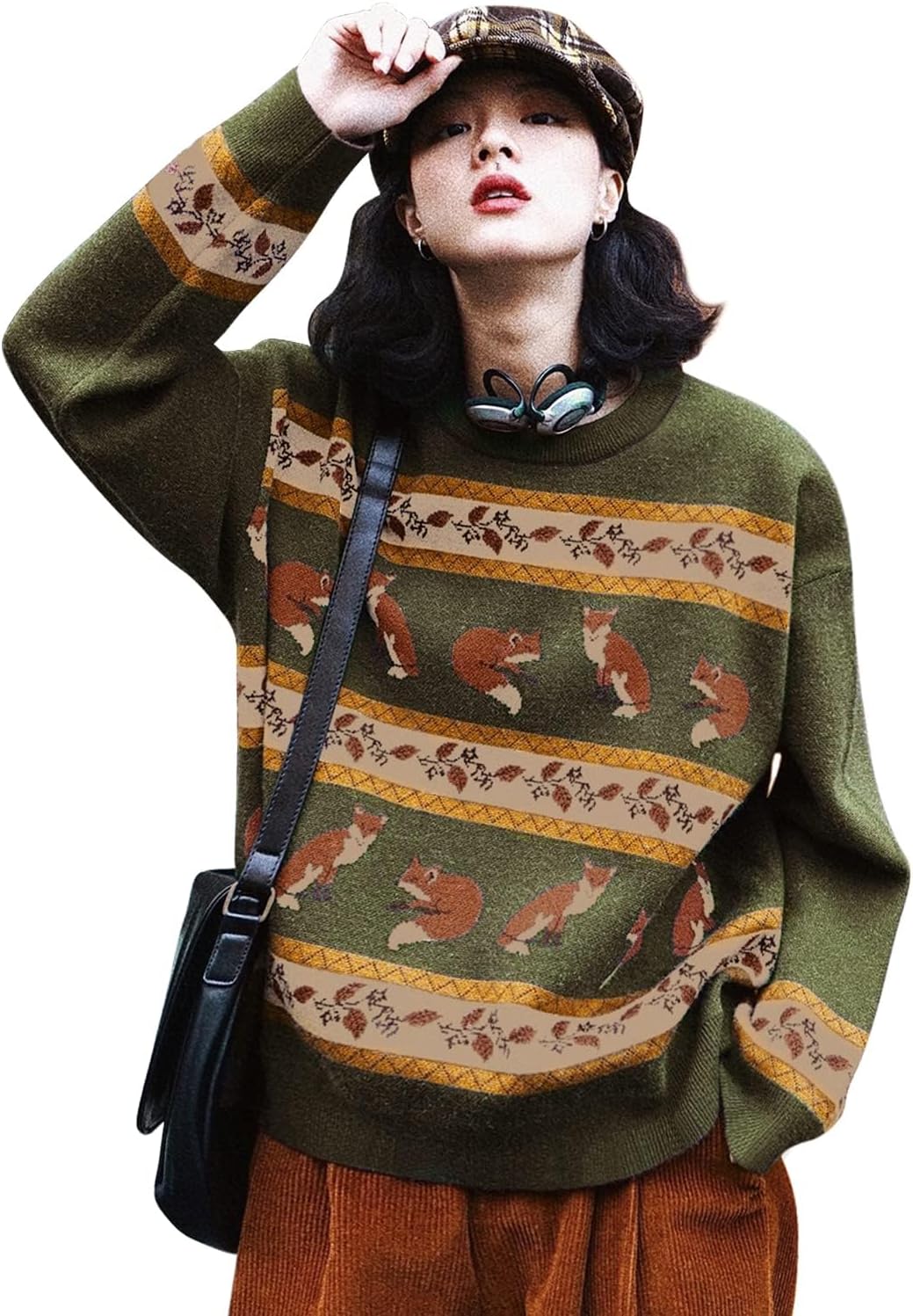 YESNO Women Christmas Sweater Graphic Printed Oversized Pullover