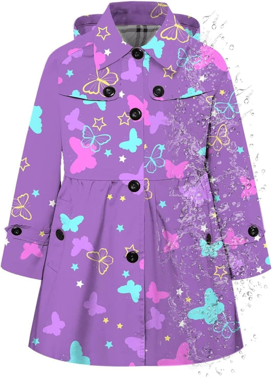 Girl's Hooded Rain Jackets Lightweight Print Waterproof Trench Coat