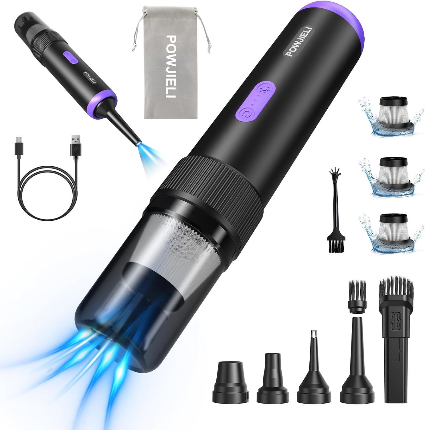 POWJIELI Cordless Car Vacuum: 22000PA Suction & LED Light