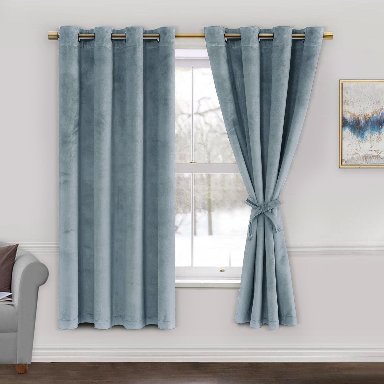 JIUZHEN Stone Blue Velvet Short Curtains for Room Darkening
