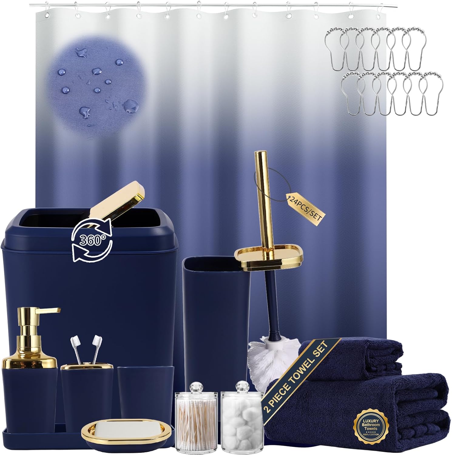 Navy Blue Bathroom Accessories Set with Shower Curtain and Towels