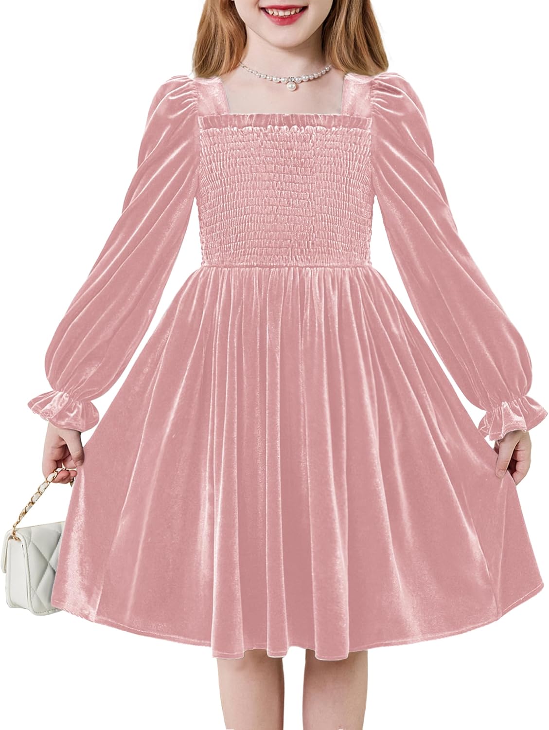 Toddler Velvet Dress for Girls with Pockets and Puff Sleeves