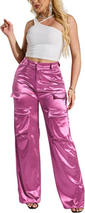 Womens High Waisted Satin Cargo Pants Loose Fit Wide Leg Trousers side