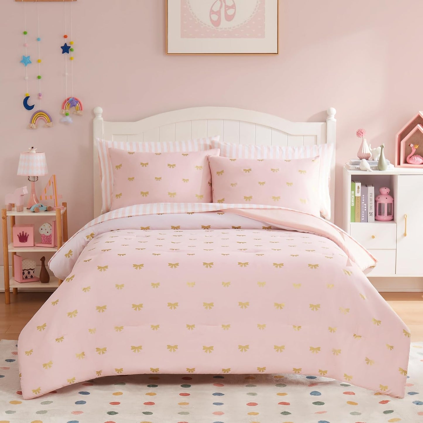 Twin Comforter Set with Sheets for Girls - Charming Pink Bow Design