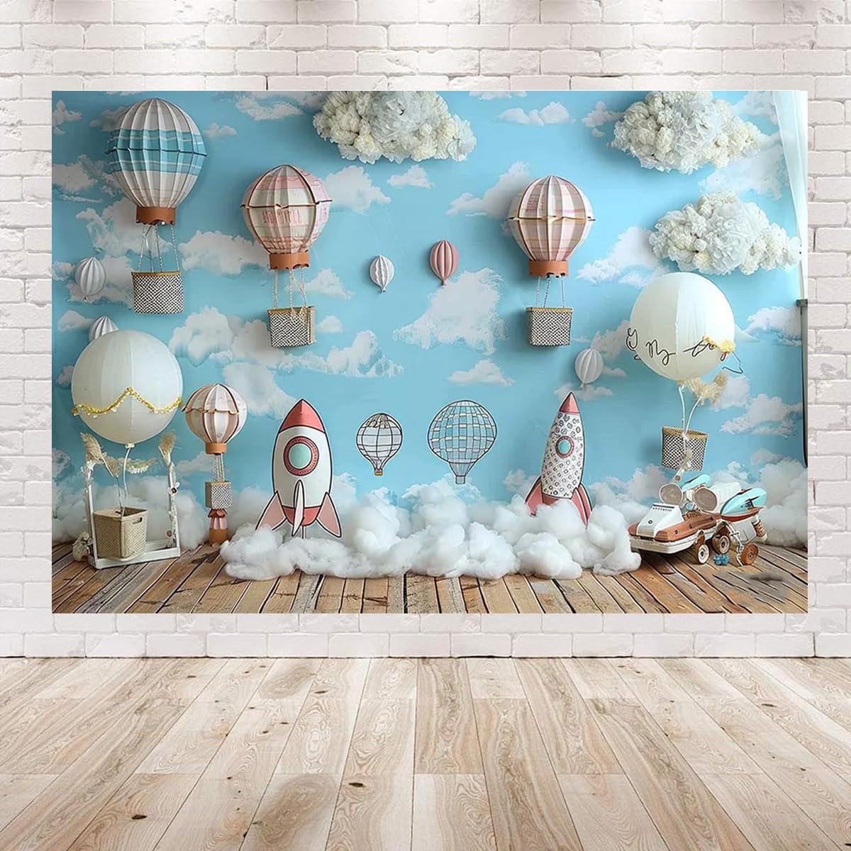 Space Hot Air Balloons 1st Birthday Backdrop for Parties