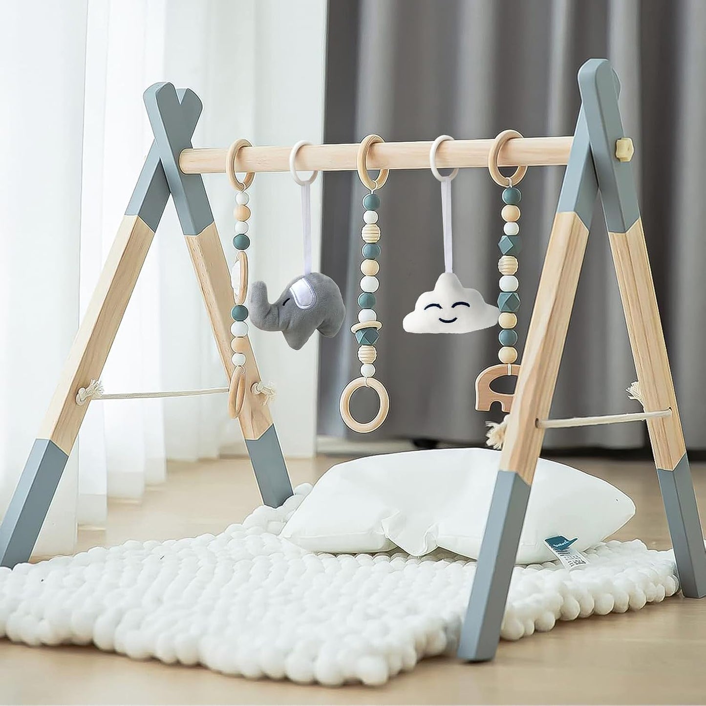 Wooden Baby Play Gym Foldable Activity Frame with 5 Toys