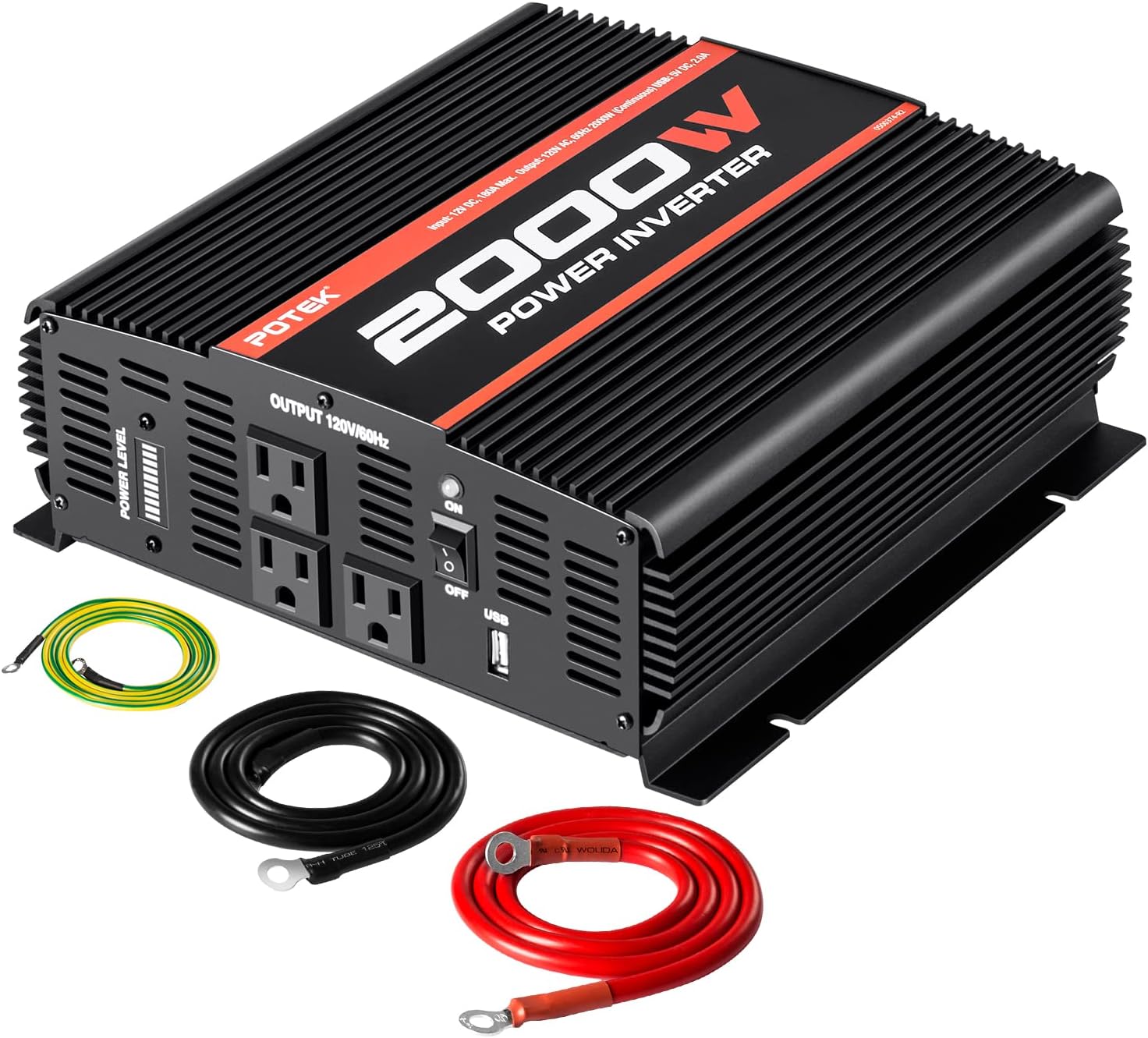 POTEK 2000W Power Inverter with 3 AC Outlets and USB Port