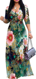 PinkPatty Plus Size Maxi Dress 3/4 Sleeves - Printed Belted Swing