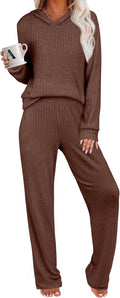 ANRABESS Women's 2 Piece Lounge Pajama Set - Cozy Ribbed Hooded Set